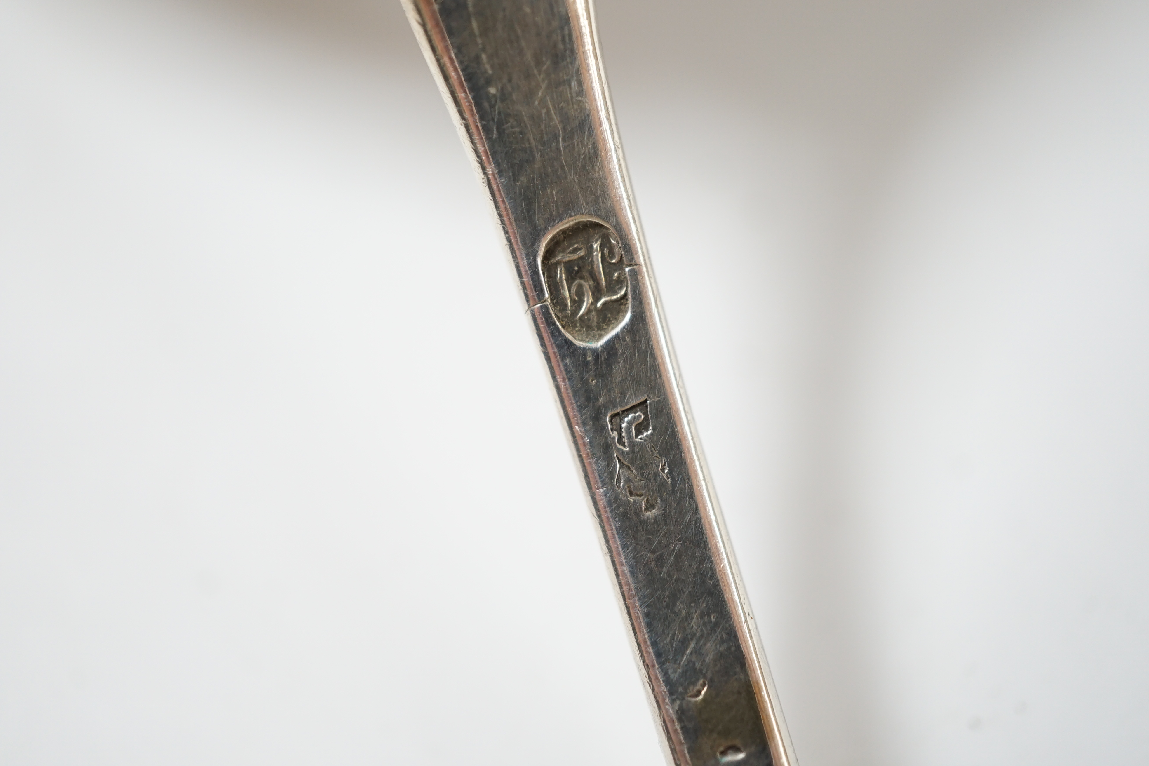 An 18th century silver soup ladle, marks rubbed, maker John Lampfert?, 31.5cm, 5.2oz. Condition - poor